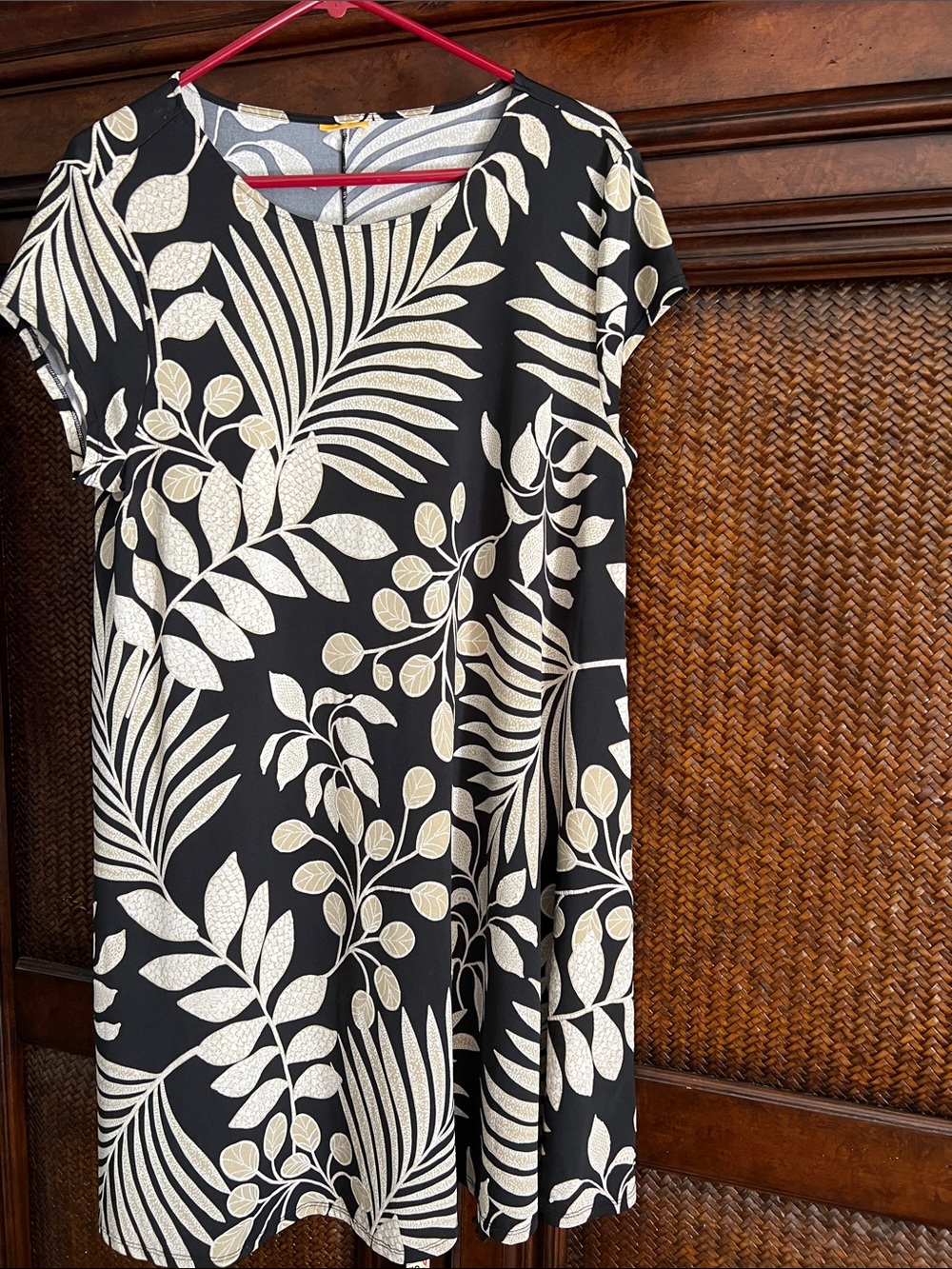 Ruby Rd. Black Dress with Cream Tropical Leaf Print